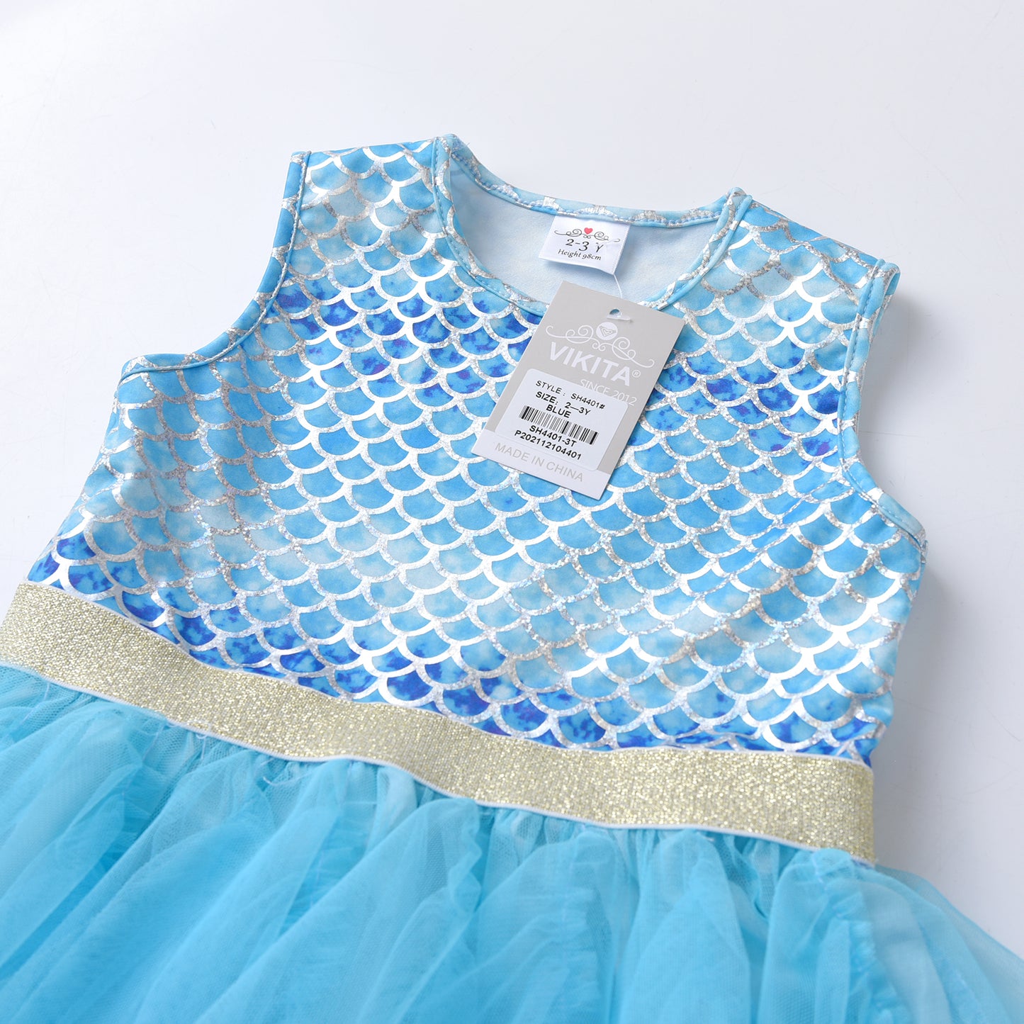 2Y-8Y Girls Sleeveless Dress Blue Mermaid Irregular Pleated Tulle Tutu Dress