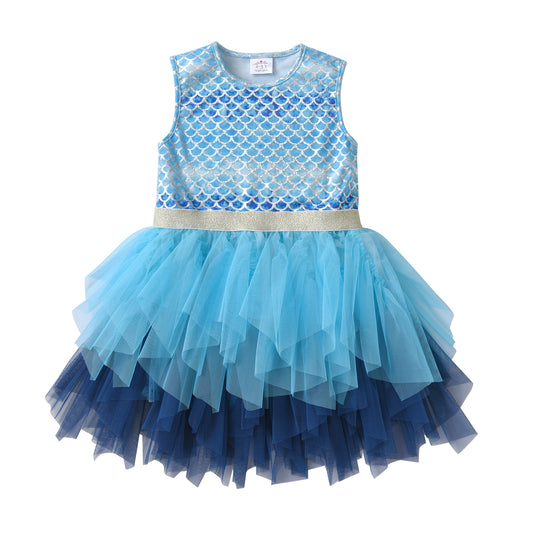2Y-8Y Girls Sleeveless Dress Blue Mermaid Irregular Pleated Tulle Tutu Dress