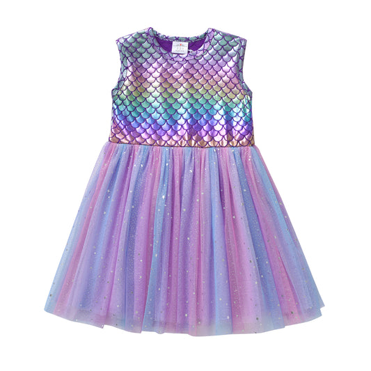 2Y-8Y Girls Sleeveless Dress Purple Rainbow Mermaid Sparkle Tulle Tutu Dress