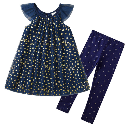 2Y-8Y Girls Clothes Set Sparkle Tulle T-shirt + Stars Pattern Girl Toddler Leggings Skinny Pants