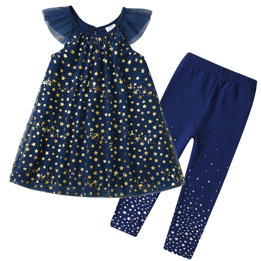2Y-8Y Girls Clothes Set Sparkle Star Top + Star Skinny Pencil Pant