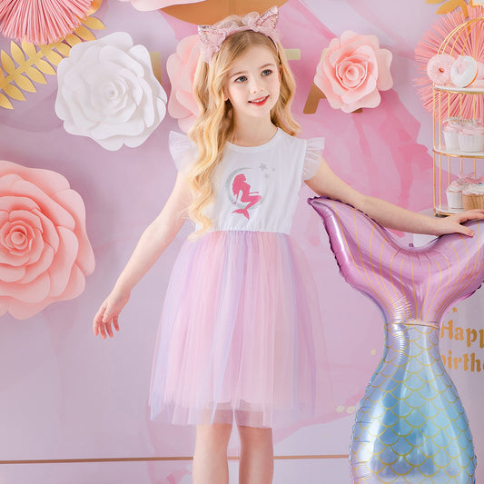 2Y-8Y Girls Short Sleeve Tutu Dress Sparkle Mermaid Pattern Pink Tulle Dress