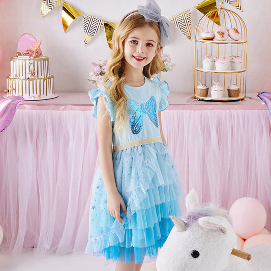 2Y-8Y Girls Party Dress Sequins Bowknot Layers Tulle Short Sleeve Tutu Dress