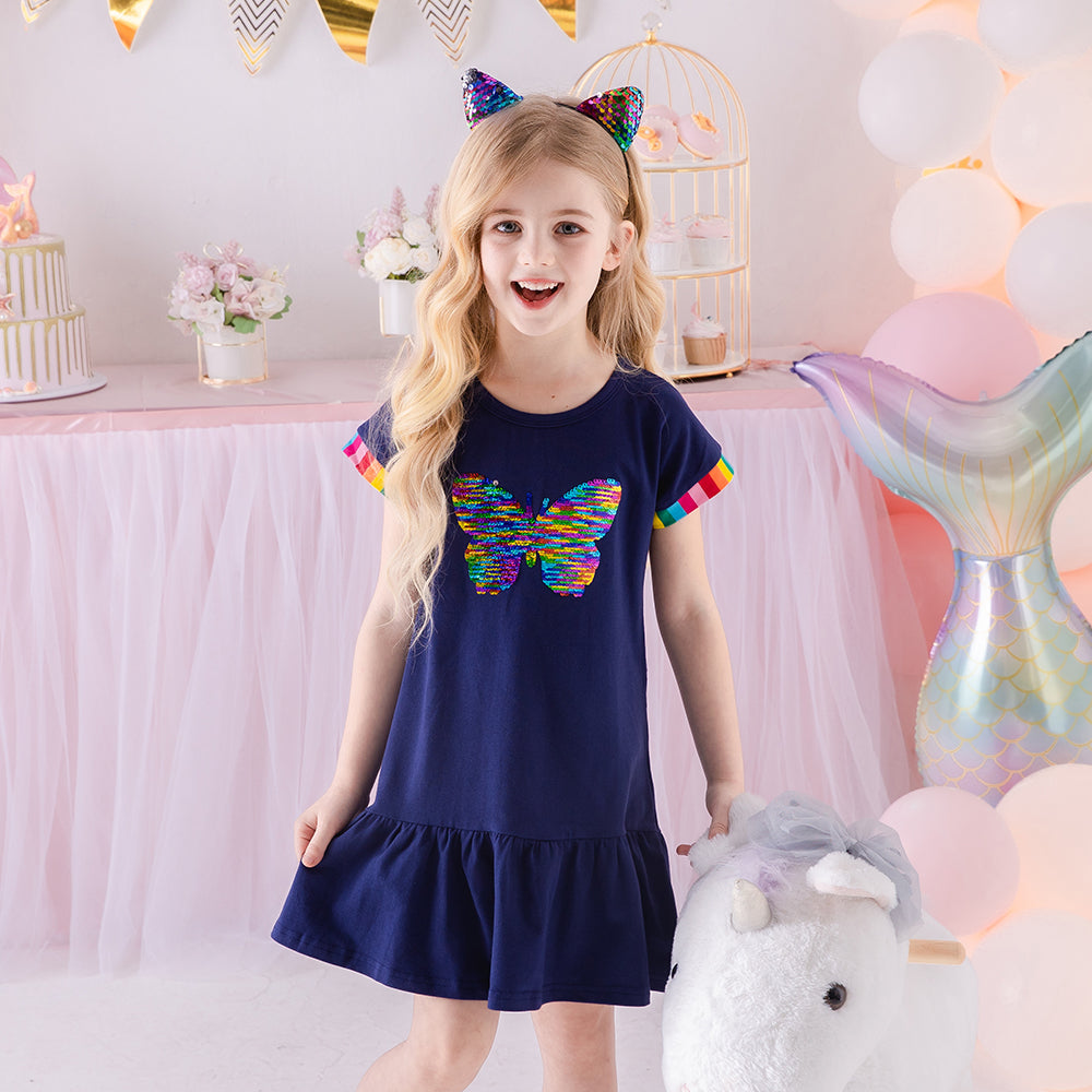 2Y-8Y Girls Short Sleeve Casual Dress Rainbow Sequins Butterfly Ruffle Cotton Dress