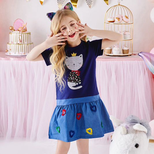 2Y-8Y Girls Short Sleeve Casual Dress Cute Cat Princess Blue Cotton Dress for Schoolday