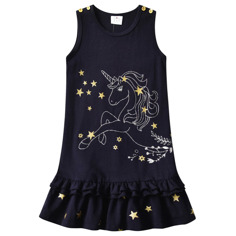 Girls Sleeveless Dress A Line Cotton Unicorn with Star Ruffle Dress Kids Dress