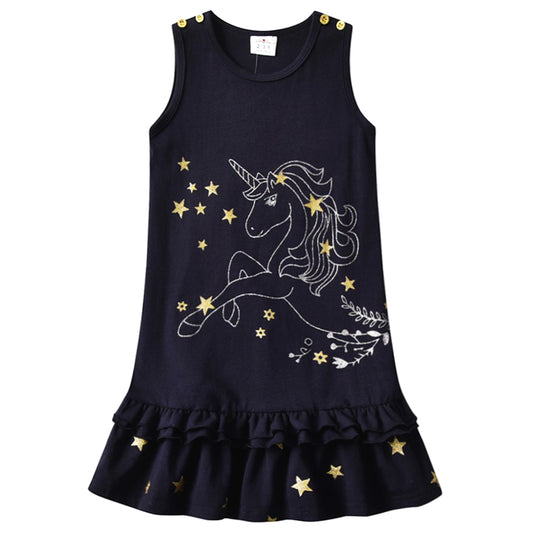 Girls Sleeveless Dress A Line Cotton Unicorn with Star Ruffle Dress Kids Dress
