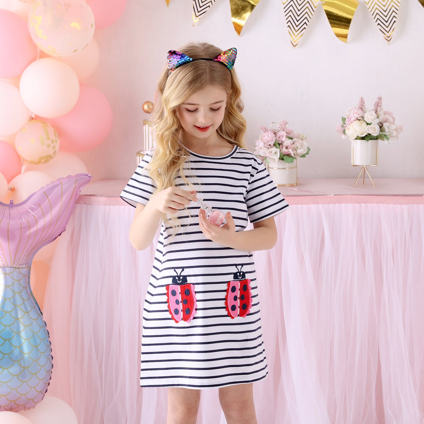 2Y-8Y Girls Short Sleeve Casual Dress Cute Ladybug Stripe Cotton Girls Dress
