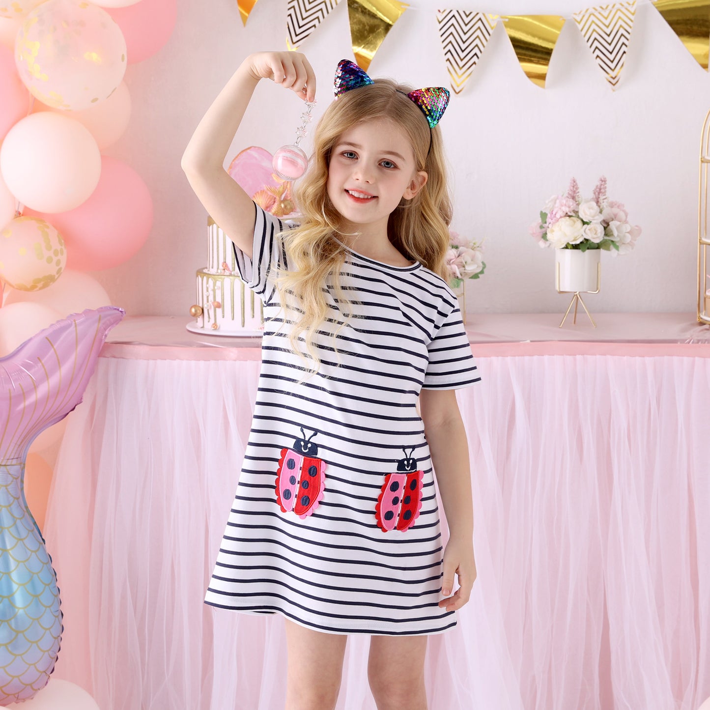 2Y-8Y Girls Short Sleeve Casual Dress Cute Ladybug Stripe Cotton Girls Dress
