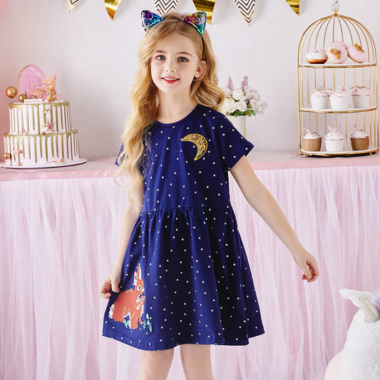 2Y-8Y Girls Short Sleeve Casual Dress Cute Squirrel Star Blue Jersey Dress