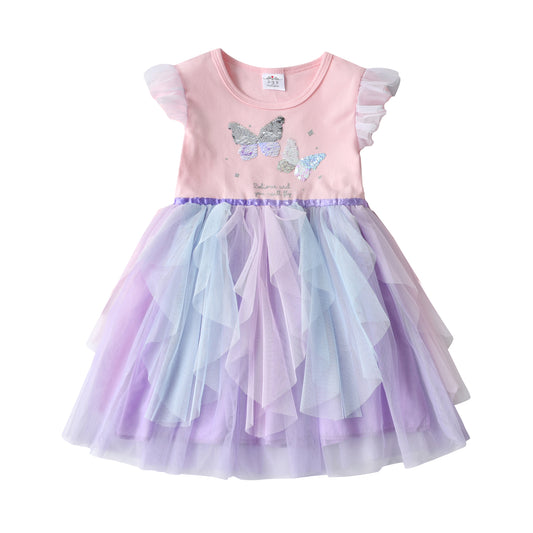 2Y-8Y Girls Tutu Dress Butterfly Sequined Princess Purple Tulle Girl Dress for Birthday Party