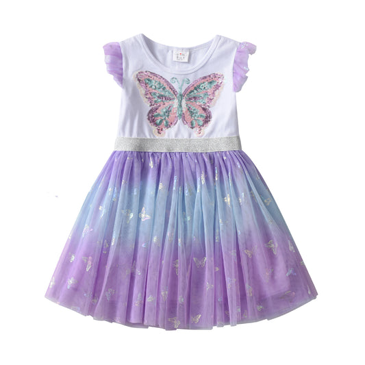 2Y-8Y Girls Summer Tutu Dress Sequins Big Butterfly Flare Sleeve Purple Dress