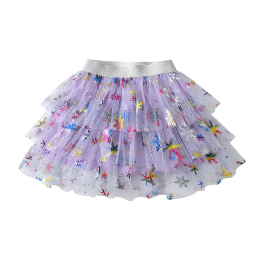 2Y-8Y Christmas Snowflake Pattern Purple Layered Tulle Tutu Skirts for Girls Toddler