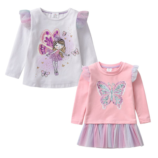 2PCS Girls Long Sleeve T-Shirts Set Butterfly Sequined Top + Little Fairy Sequins Top