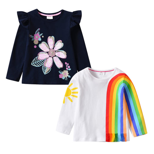 2pcs Girls Long Sleeve T-Shirts Set Rainbow Cotton T-Shirt + Sequins Flower Top