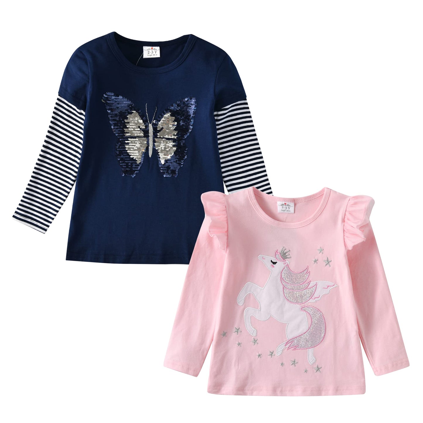 2PCS Girls Casual T-Shirts Sets Embroidered Unicorn Sweatshirt + Seuqins Butterfly Top