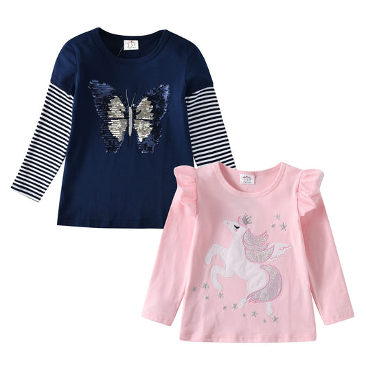 2PCS Girls Casual T-Shirts Sets Embroidered Unicorn Sweatshirt + Seuqins Butterfly Top