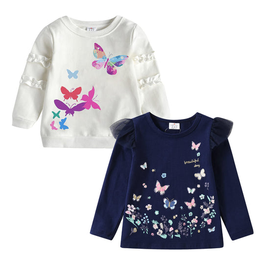 2pcs Girls Long Sleeve T-Shirts Set Butterfly Print Ruffle Cosy Sweatshirt for Girl Toddler