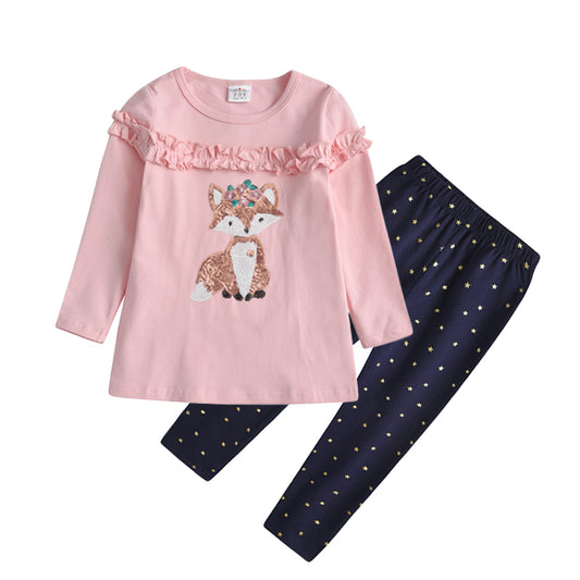 Sequins Fox Cotton Long Slevee T-Shirt and Star Leggings Pants Girl Toddler Clothing Sets