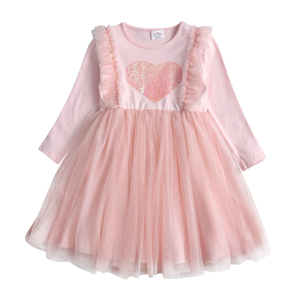 Love Heart Sequins Girl Toddler Tutu Dress Pink Soft Long Sleeve Dress