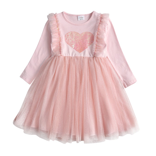 Love Heart Sequins Girl Toddler Tutu Dress Pink Soft Long Sleeve Dress