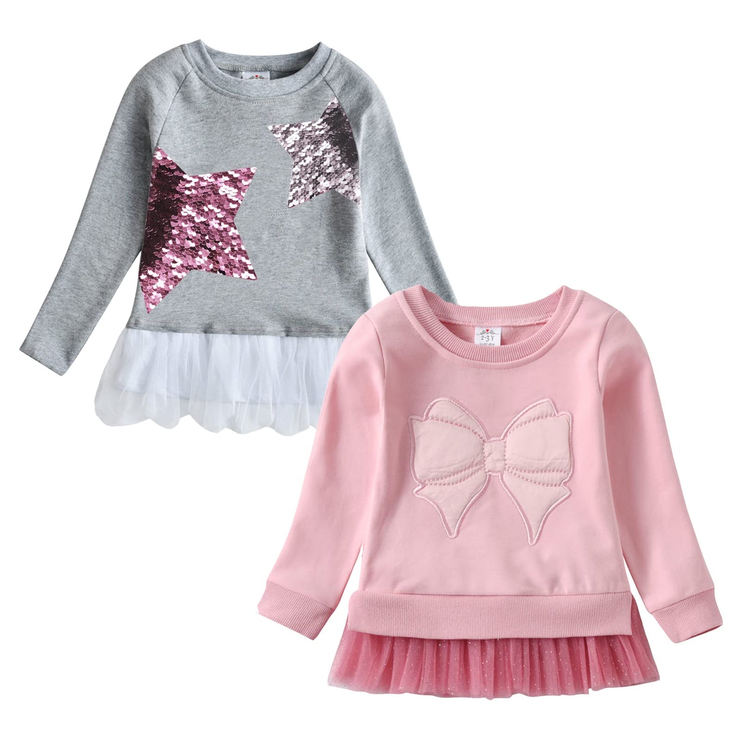 2PCS Girls Long Sleeve T-Shirt Set Big Bowknot Ruffle Tulle Sweatshirt + Sequins Star Top