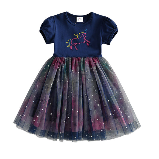 Unicorn Embroidery Toddler Summer Tutu Girl Dress for Daily Party