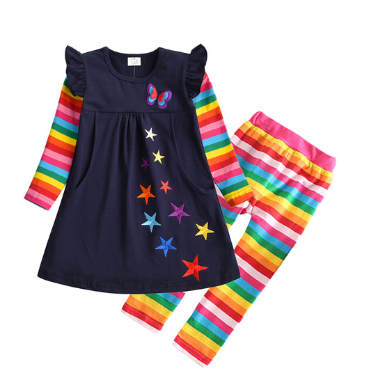Star Embroidery Rainbow Jumper Dress and Slim Leggings Sets for Girl Toddler 3-8T