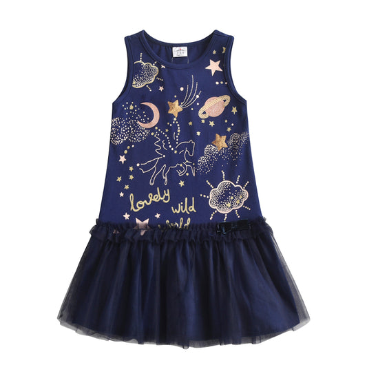 2Y-8Y Unicorn Planet Pattern Tulle Hem Sleeveless Cotton Girls Toddler Dress
