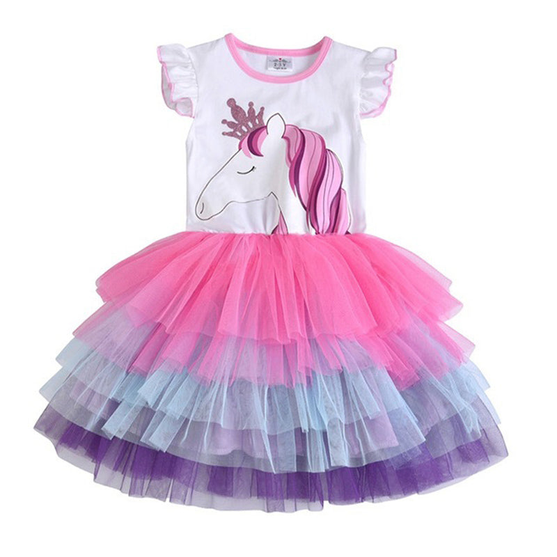 Unicorn Tutu Dress Short Sleeve Layered Colorful Dress for Toddler Girls