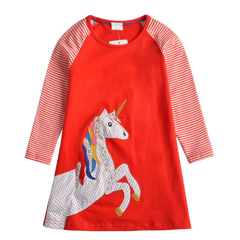 VIKITA Splicing Unicorn A Line Stripe Long Sleeve Girls Dress for Casual