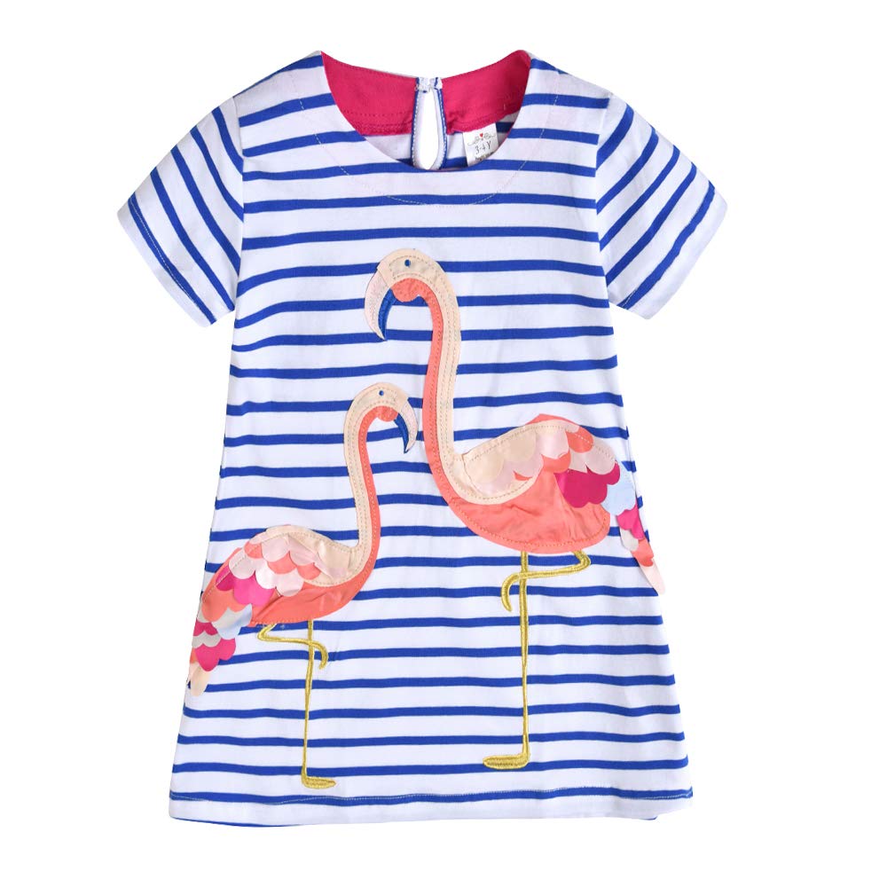 2Y-8Y Girls Short Sleeve Casual Dress Cute Flamingo Stripe Blue A Line Dress