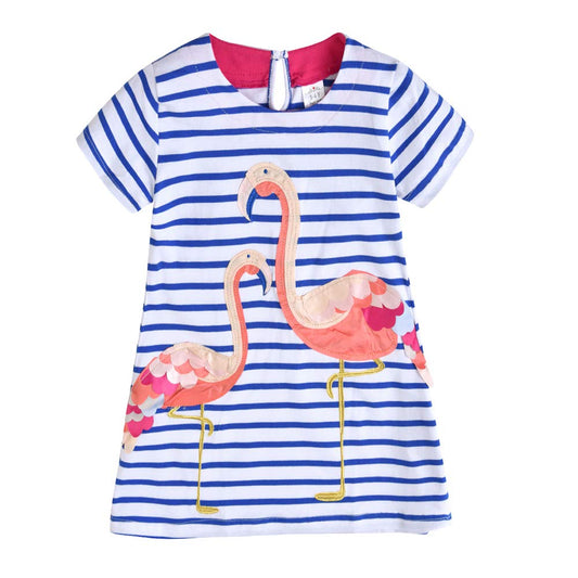 2Y-8Y Girls Short Sleeve Casual Dress Cute Flamingo Stripe Blue A Line Dress
