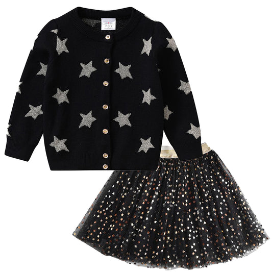 2-8Y Girls Clothes Set Star Print Cardigan Sweaters + Star Sparkle Tulle Skirt Outfit