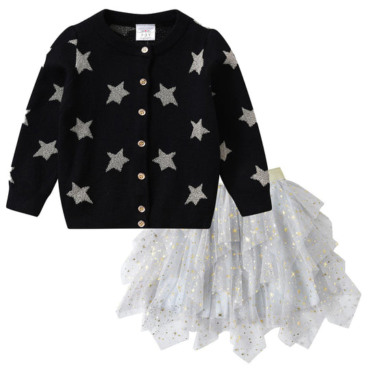 2-8Y Girls Clothes Set Star Print Cardigan Sweaters + Star Sparkle Layers Tulle Skirt