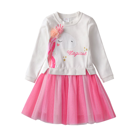 2-8Y Girls Tutu Dress Pink Unicorn with 3D Flower Sweatshirt Top Tutu Dress