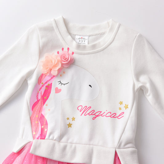 2-8Y Girls Tutu Dress Pink Unicorn with 3D Flower Sweatshirt Top Tutu Dress