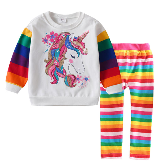 2Y-8Y Girls Clothing Sets Unicorn Pattern Sweatshirt and Rainbow Leggings