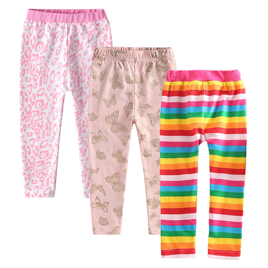 3PCS Rainbow Butterfly Leopard Girl Toddler Cotton Skinny Leggings Pant Set