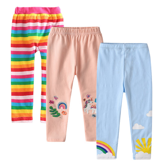 3PCS Sunshine Rainbow Unicorn Leggings Little Girl Toddler Cotton Skinny Leggings Pants Set