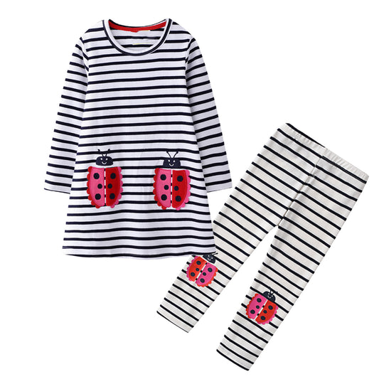 Cartoon Ladybug Long Sleeve A Line Stripe Dress and Ladybug Stripe Pants Set