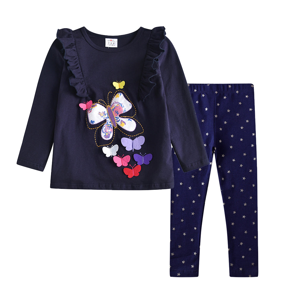 2Y-8Y Girls Clothes Sets Butterfly Embroidery Girls T-Shirts + Star Leggings Pants