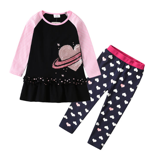 VIKITA Sequins Love Heart Stripe A Line Casual Dress + Love Print Skinny Leggings Pants 2pcs Set