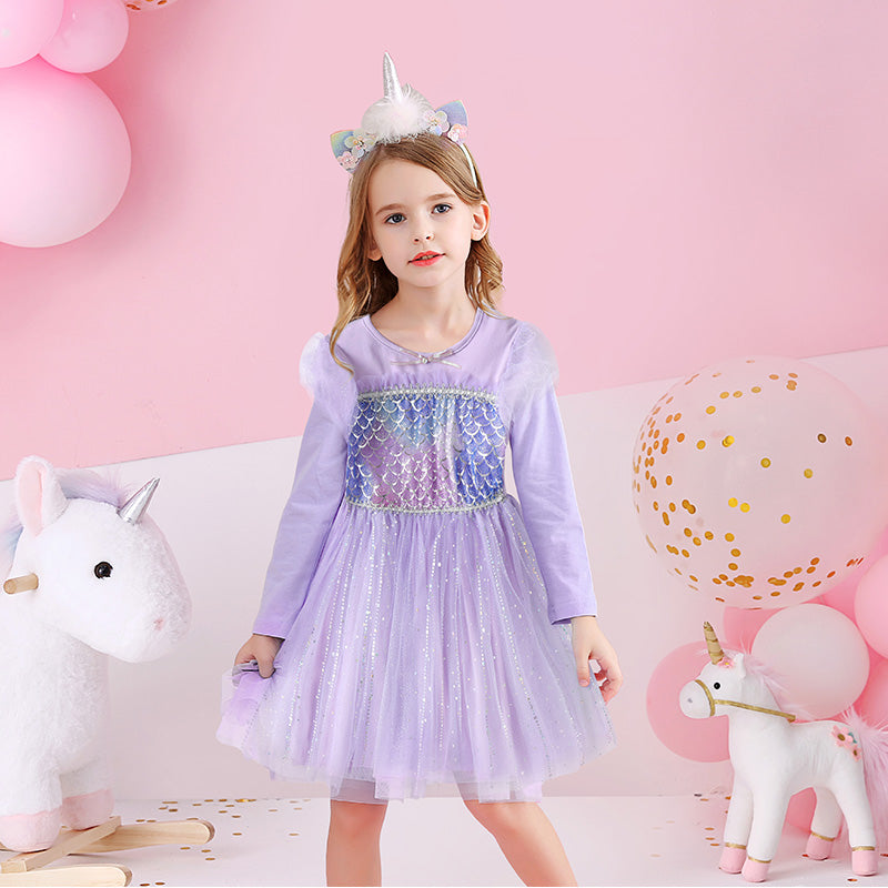Mermaid Pattern Girl Toddler Tutu Dress Lace Long Sleeve Tulle Dress