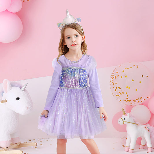 Mermaid Pattern Girl Toddler Tutu Dress Lace Long Sleeve Tulle Dress