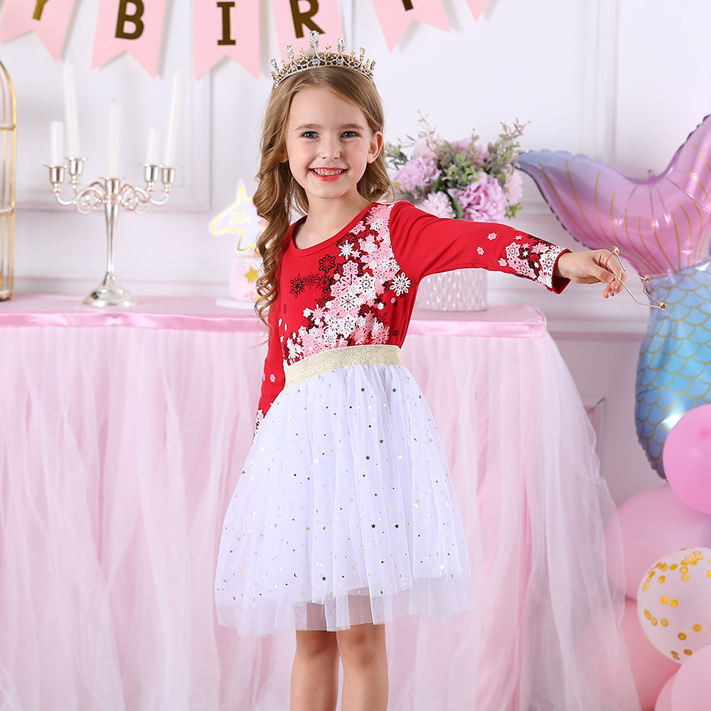 Snowflake Christmas Red Pattern Soft Star Tulle Tutut Dress for 3-8T