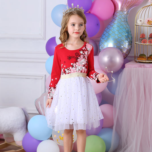 Snowflake Christmas Red Pattern Soft Star Tulle Tutut Dress for 3-8T