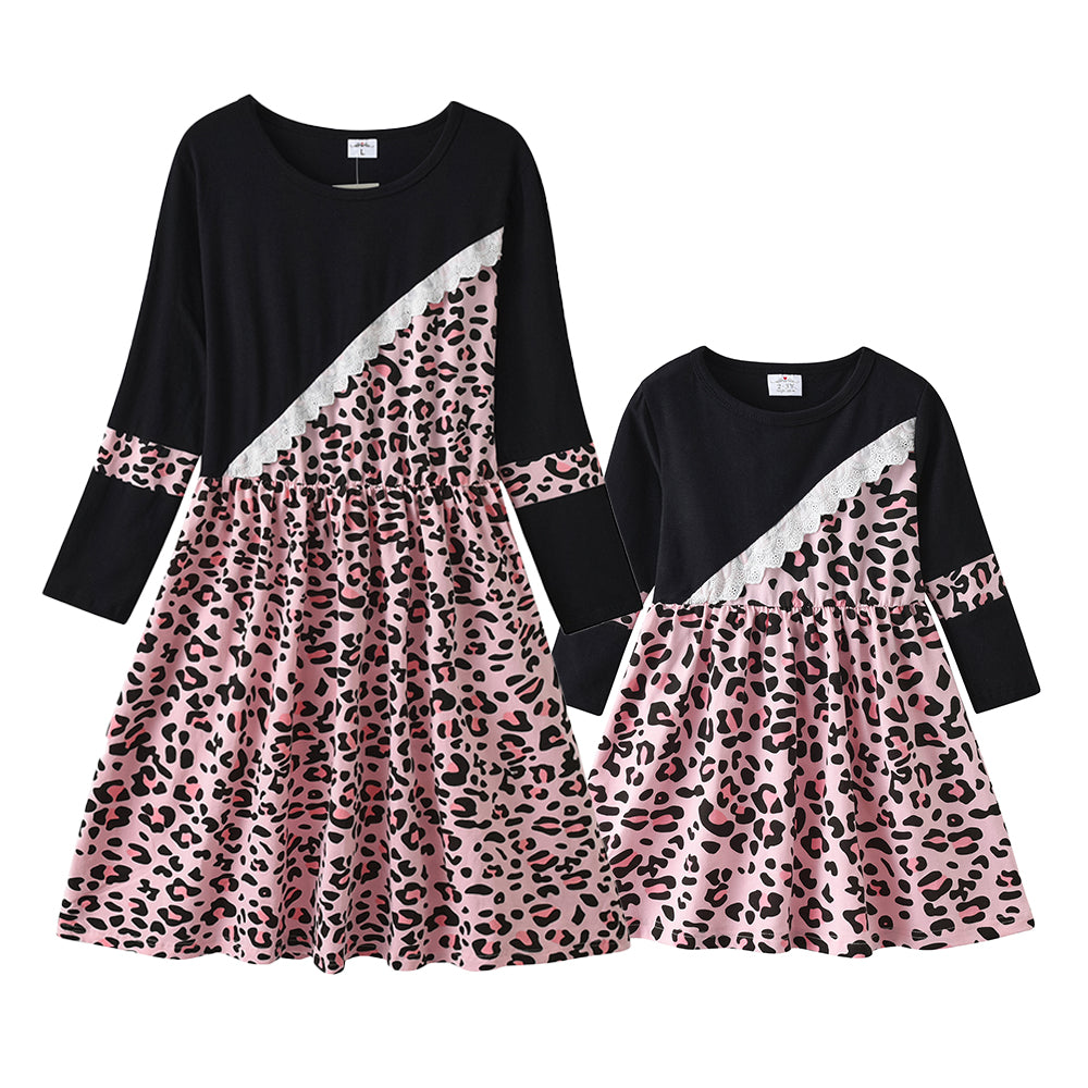 Vikita Mum and Daughter Family Matching Leopard Print Tribe Casual Dress