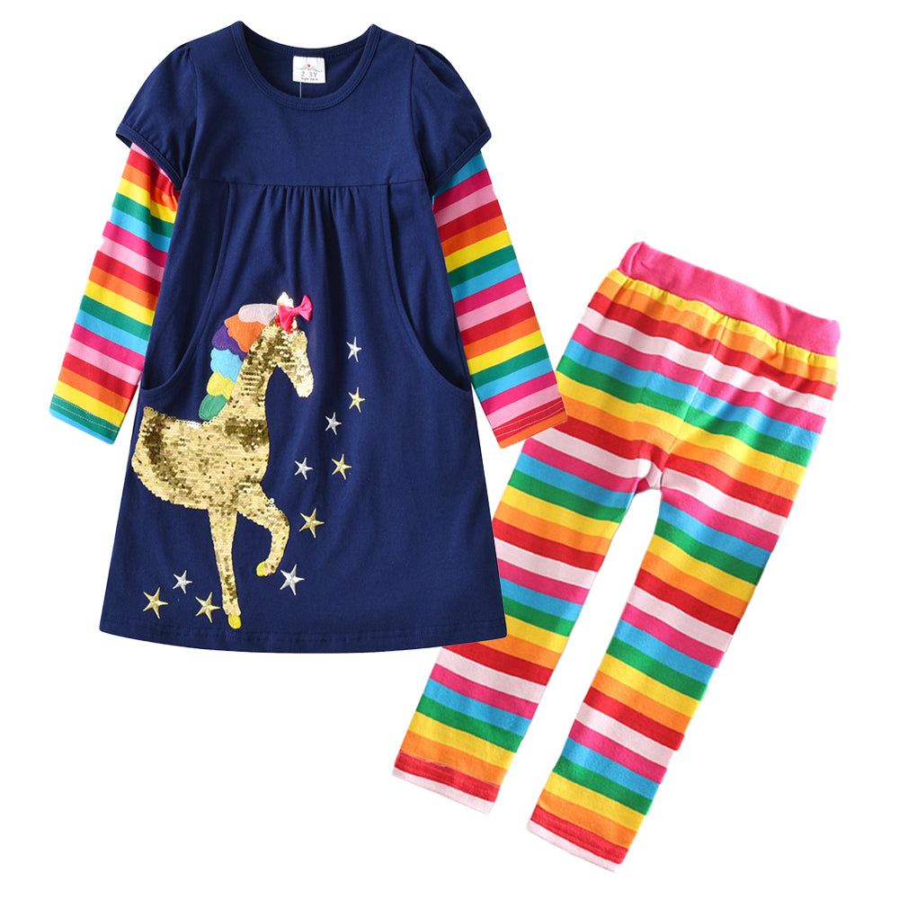 2Y-8Y Girls Rainbow Clothes Set Sequins Unicorn Top + Rainbow Pant