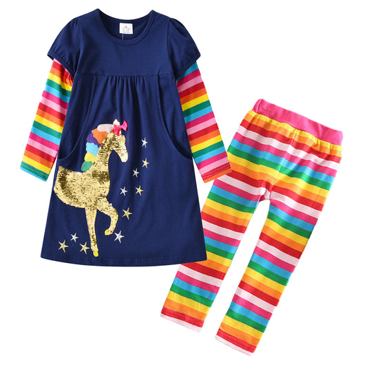 2Y-8Y Girls Rainbow Clothes Set Sequins Unicorn Top + Rainbow Pant
